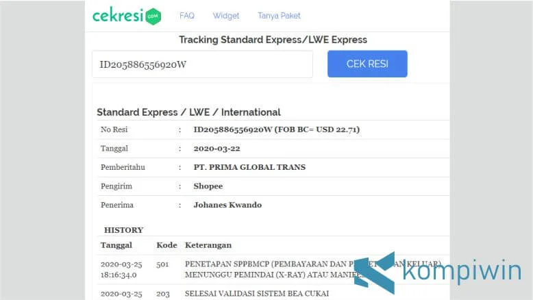 Hasil Cek Resi Standard Express via Website Cek Resi