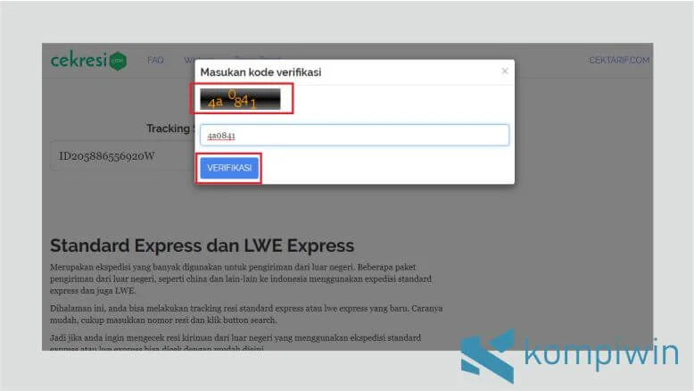 Masukkan Kode Verifikasi untuk Mengecek Resi Standard Express