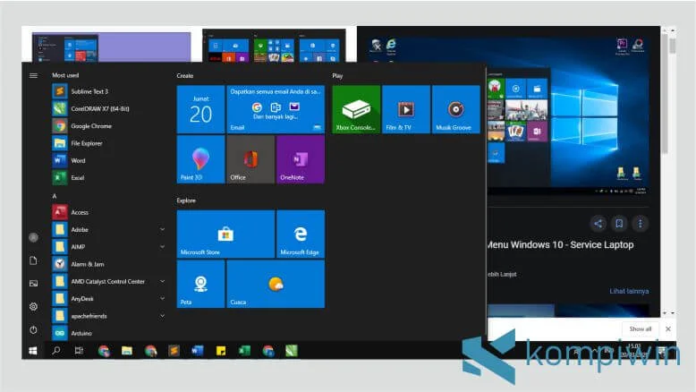 Tampilan Start Menu Dinamis Windows 10