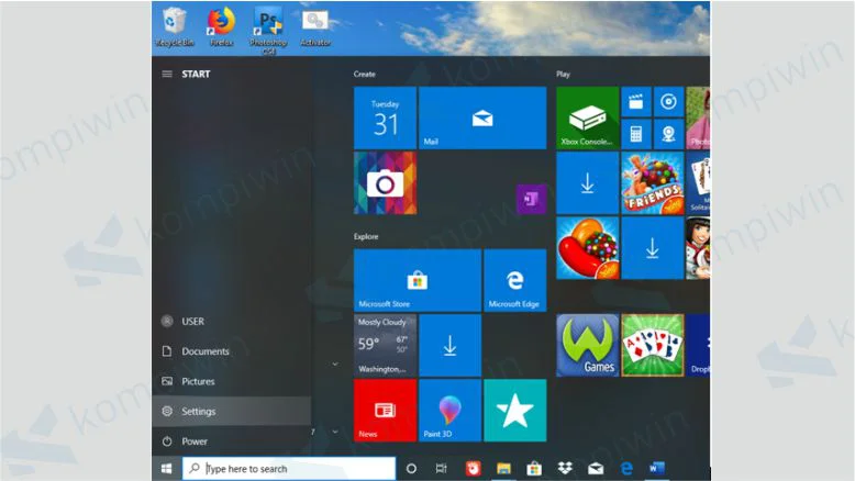 Klik tombol Start dan cari tombol Settings Windows 10