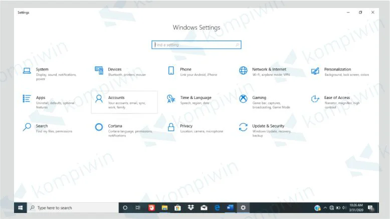 Tampilan menu Settings Windows 10