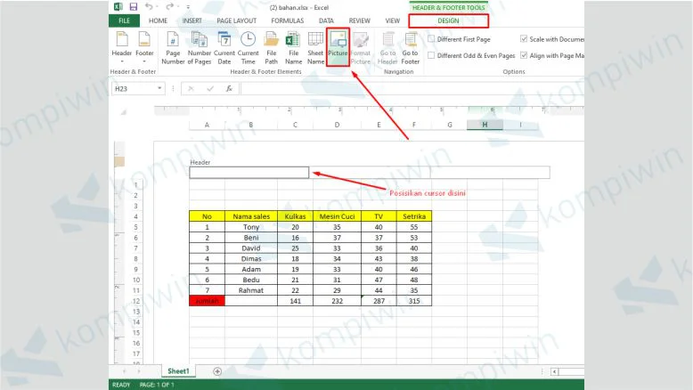 Klik Design Kemudian Pilih Picture dan Tambahkan Gambar yang Akan Dijadikan Watermark Excel