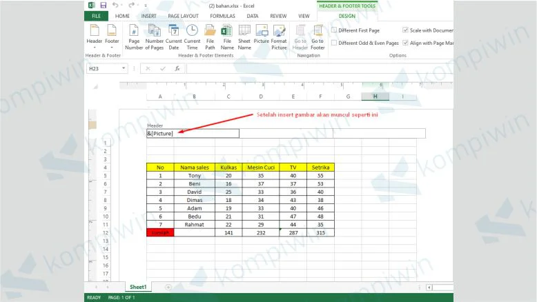 Klik &[Picture] untuk Menambahkan Watermark Excel