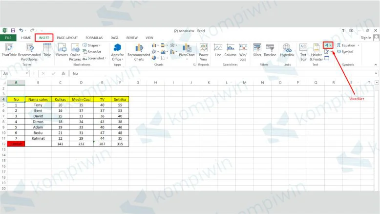 Klik WordArt di Excel untuk Menambahkan Watermark