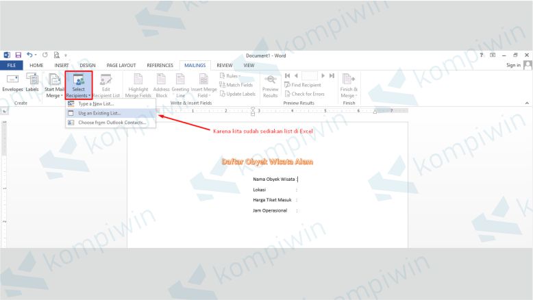 Langkah 2. Mulai Melakukan Mail Merge Data Katalog dari Excel