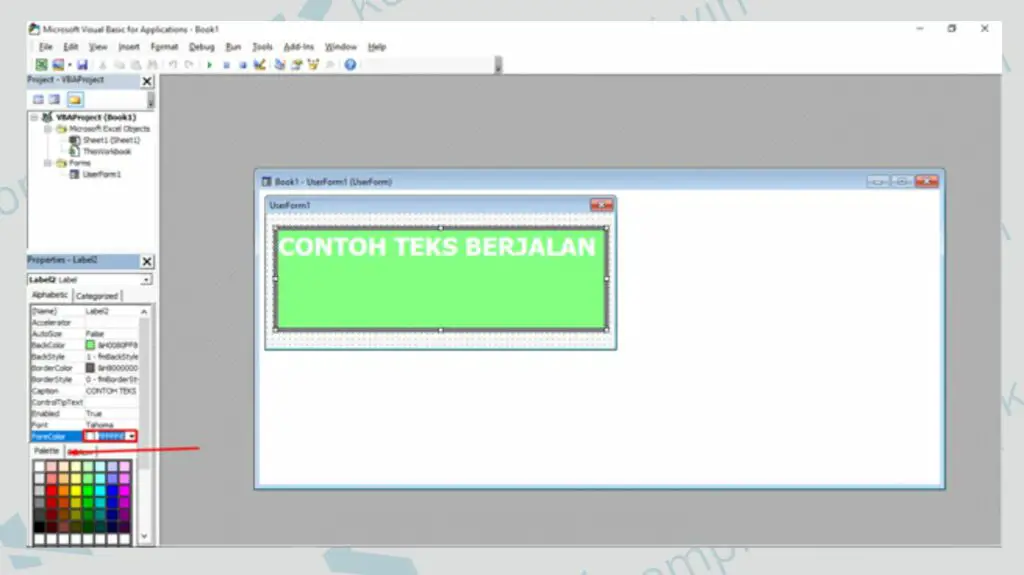 Atur Warna Teks dan Background - Cara Membuat Running Text di User Form Excel