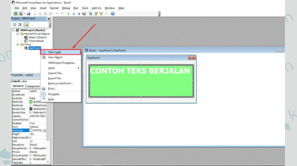 Klik Kanan pada UserForm1 dan Pilih View Code - Cara Membuat Running Text di User Form Excel