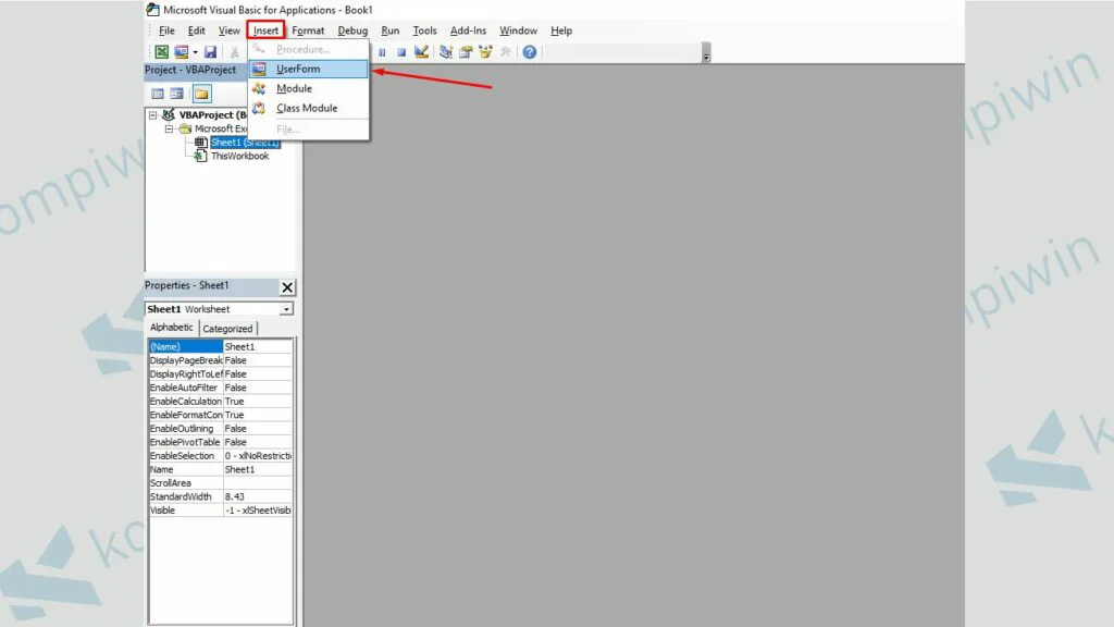 Klik Menu Insert dan Pilih UserForm - Cara Membuat Running Text di User Form Excel