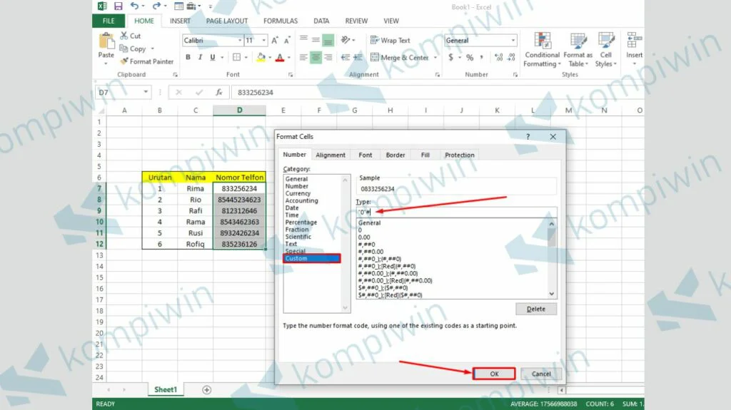 Pilih Custom dan Isi Type - Cara Menampilkan 0 di Excel