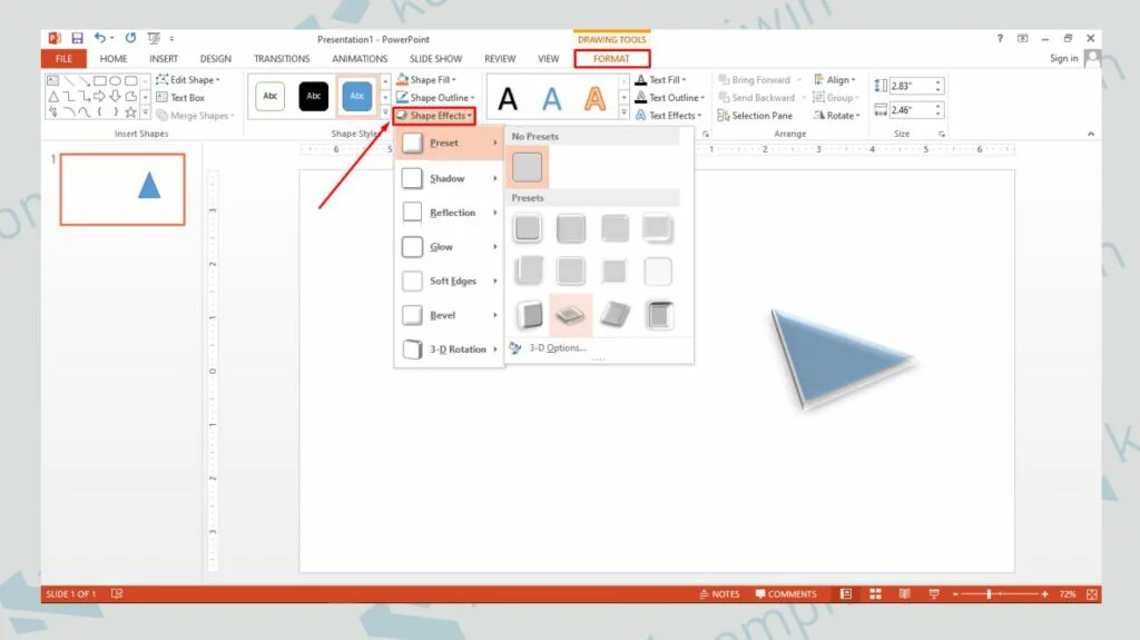 Pilih Obyek Kemudian Klik Format dan Pilih Shape Effects - Cara Membuat Animasi Bergerak di PowerPoint