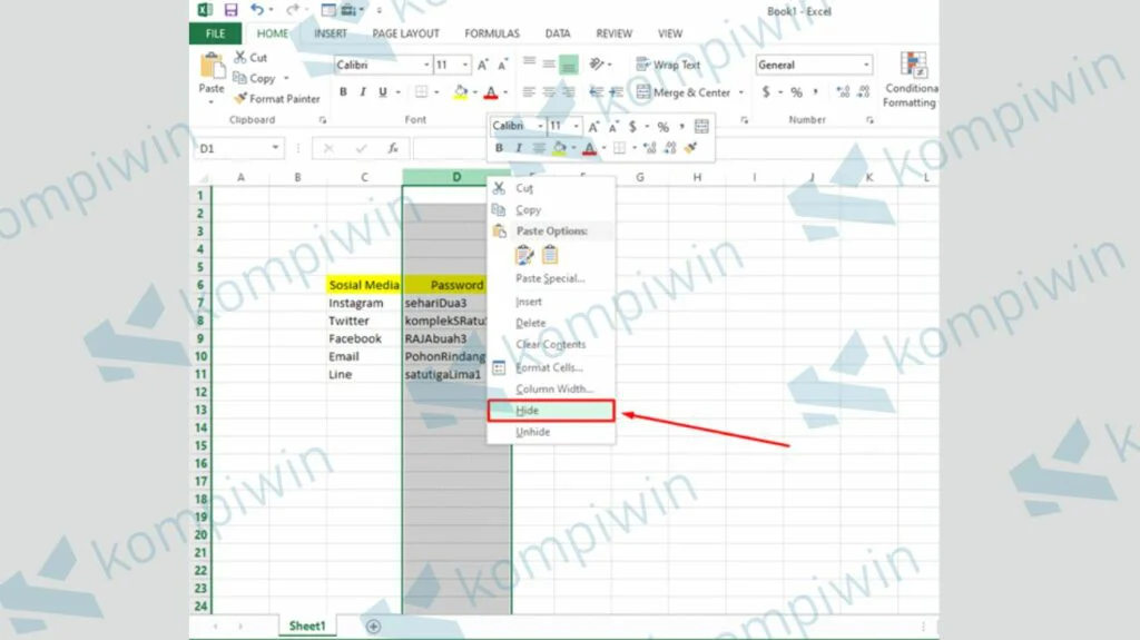 Klik Kanan dan Pilih Tombol Hide - Cara Menyembunyikan Baris dan Kolom di Excel
