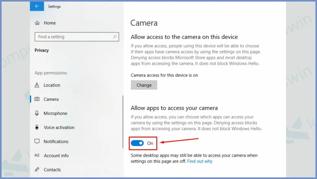 Aktifkan Allow apps to access your camera 