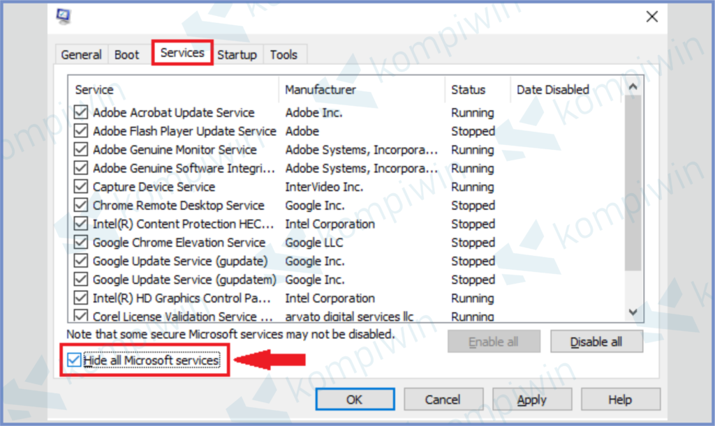 Centang Hide all Microsoft services
