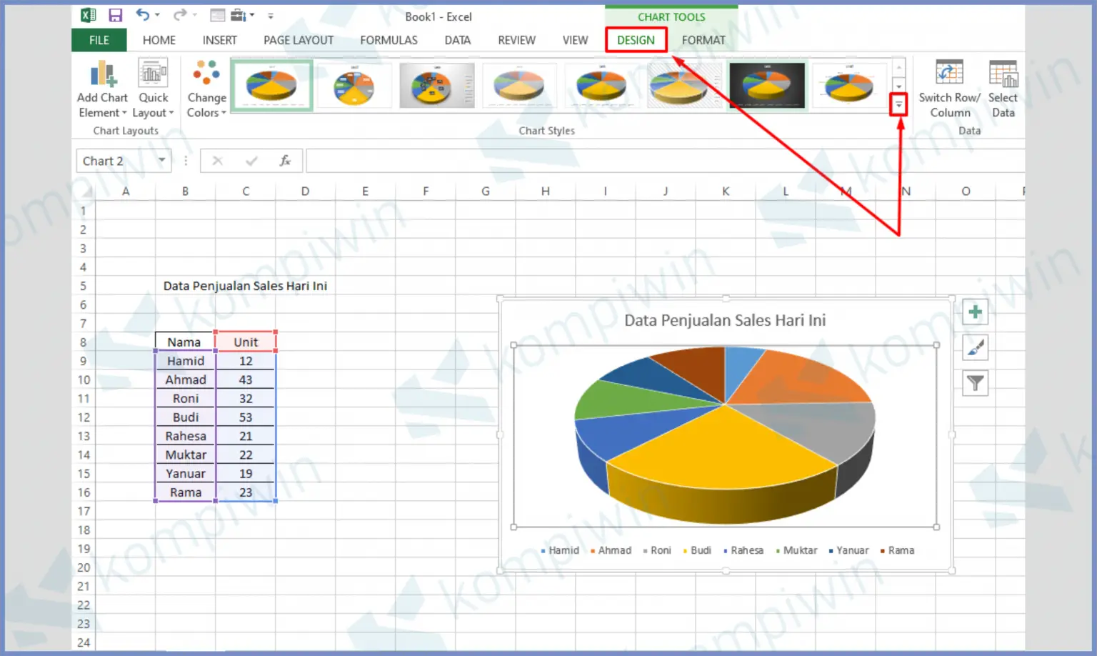contoh cara mengubah diagram batang menjadi diagram lingkaran di Excel