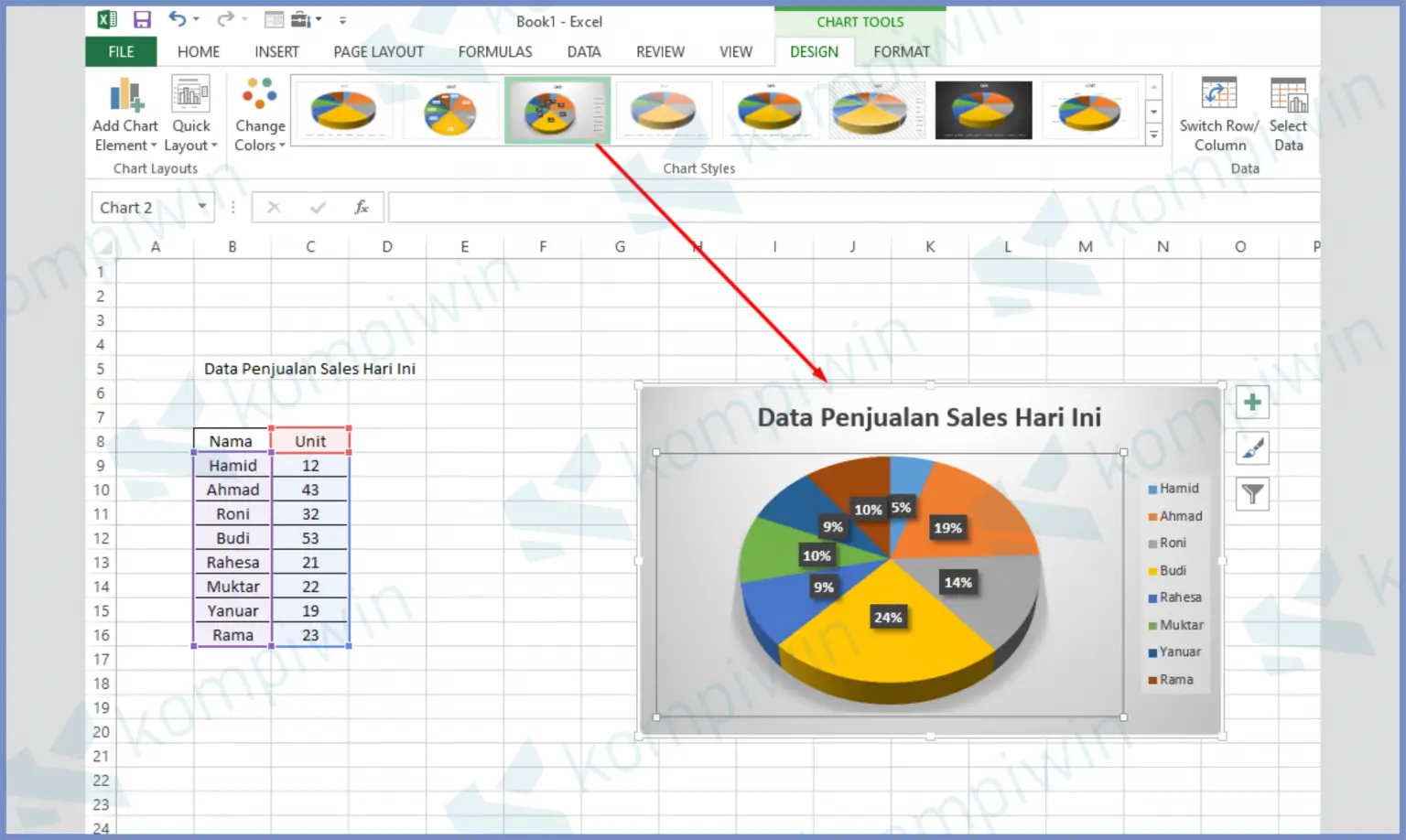 contoh cara mengubah style grafik lingkaran di Excel