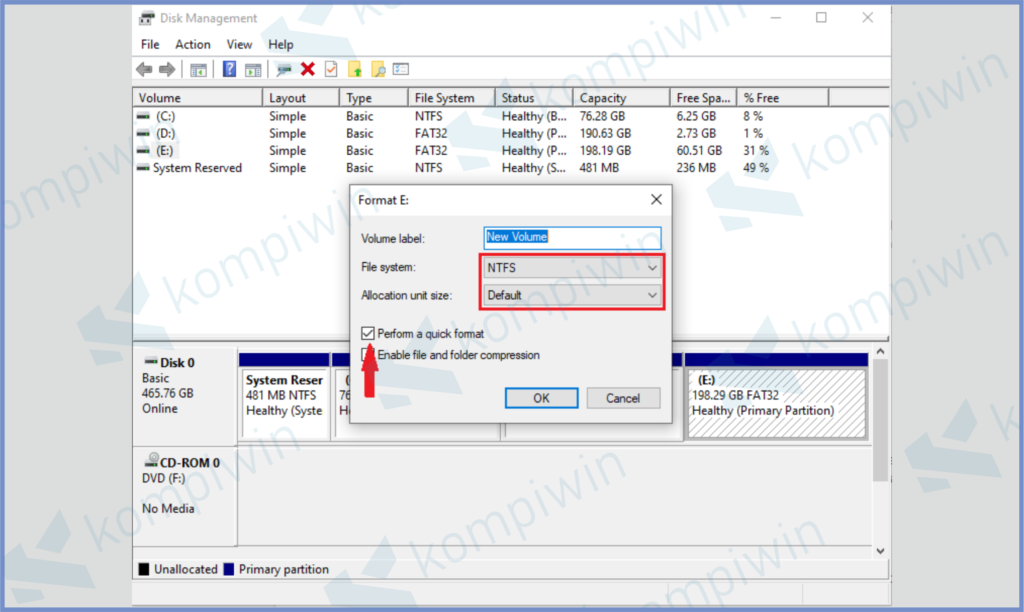 Ubah File System, Allocation Unit, Centang Quick Format 