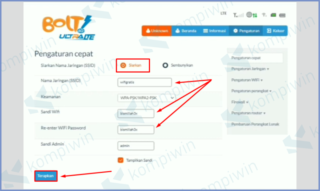 Centang Siarkan, Ubah Password, Masukkan Nama Wifi, dan Terakhir Terapkan
