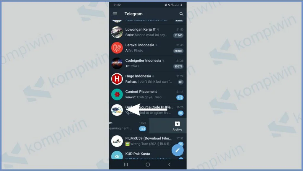 Tap Kiri Untuk Mengarsipkan Chat - Cara Membuka Arsip Telegram