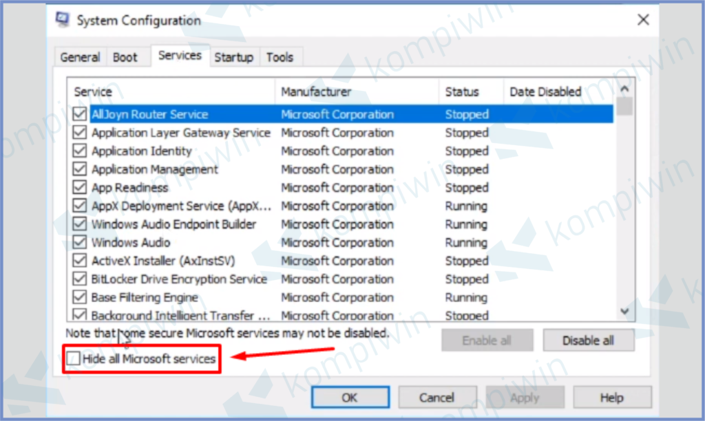 Centang Hide All Microsoft Services 