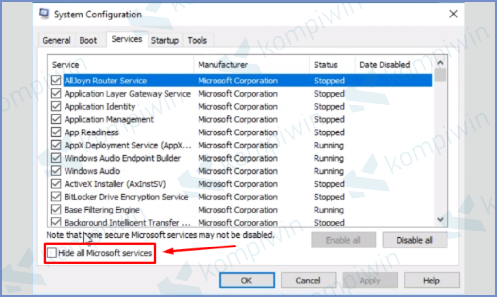 Centang Hide All Microsoft Services