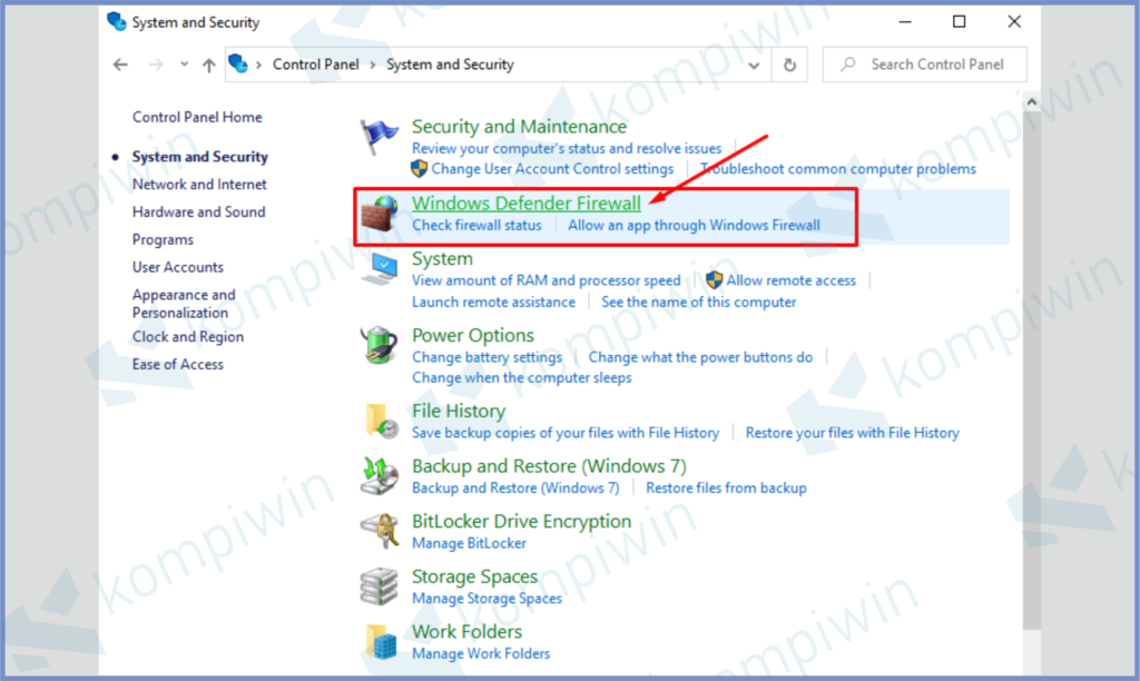 Klik Windows Defender Firewall