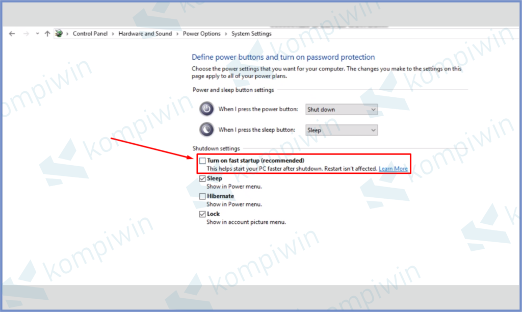 Matikan Centang Turn On Fast Startup