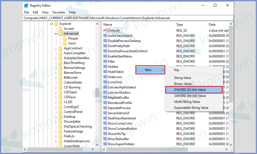 Klik Kanan Pilih New Dan Pencet DWORD