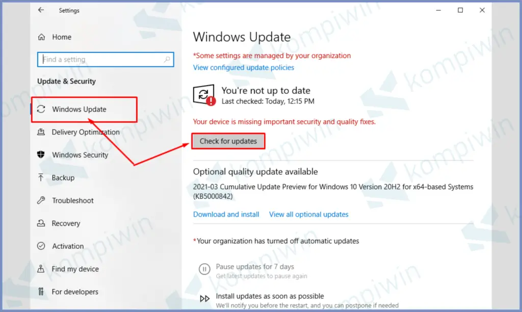 Pada Menu Windows Update Klik Update 