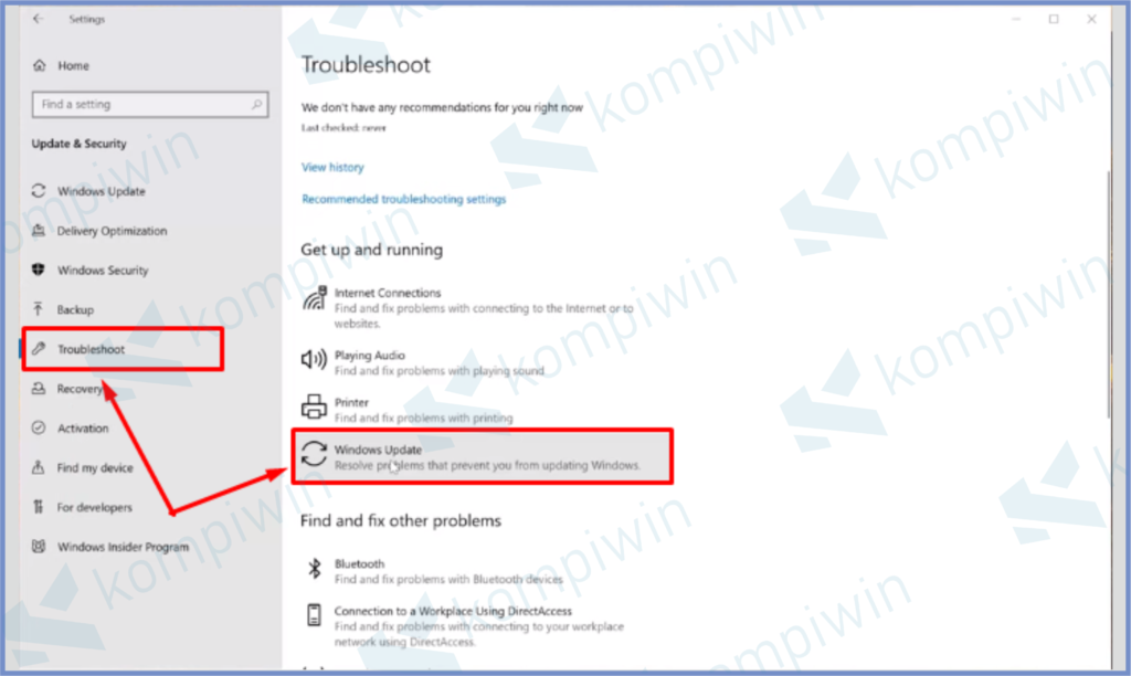 Arahkan Ke Troubleshoot Dan Pencet Windows Update 