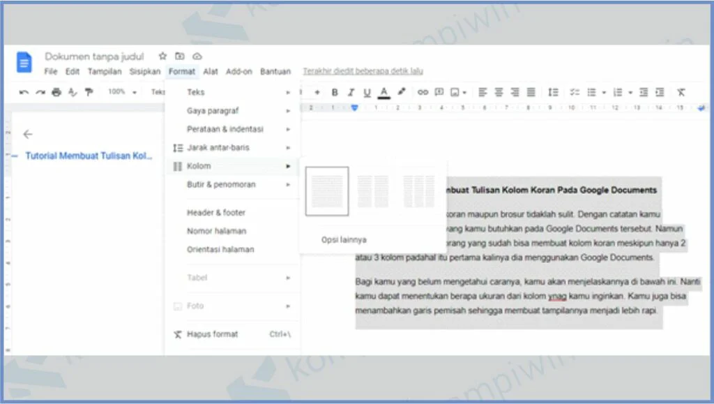 Klik Menu Format Kemudian Pilih Kolom - Cara Membuat Tulisan Kolom Koran Pada Google Documents