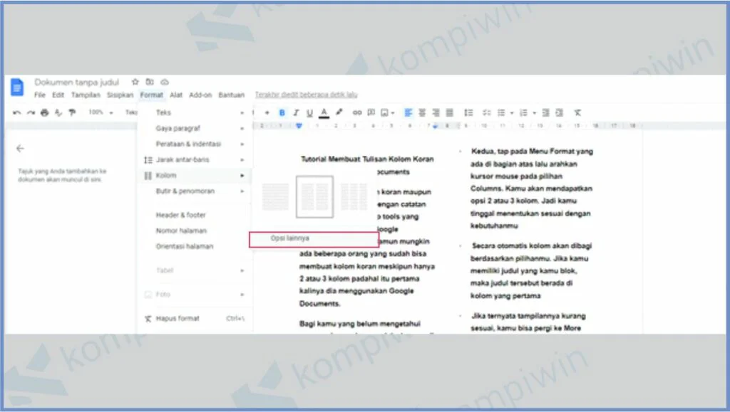 Klik More Options - Cara Membuat Tulisan Kolom Koran Pada Google Documents