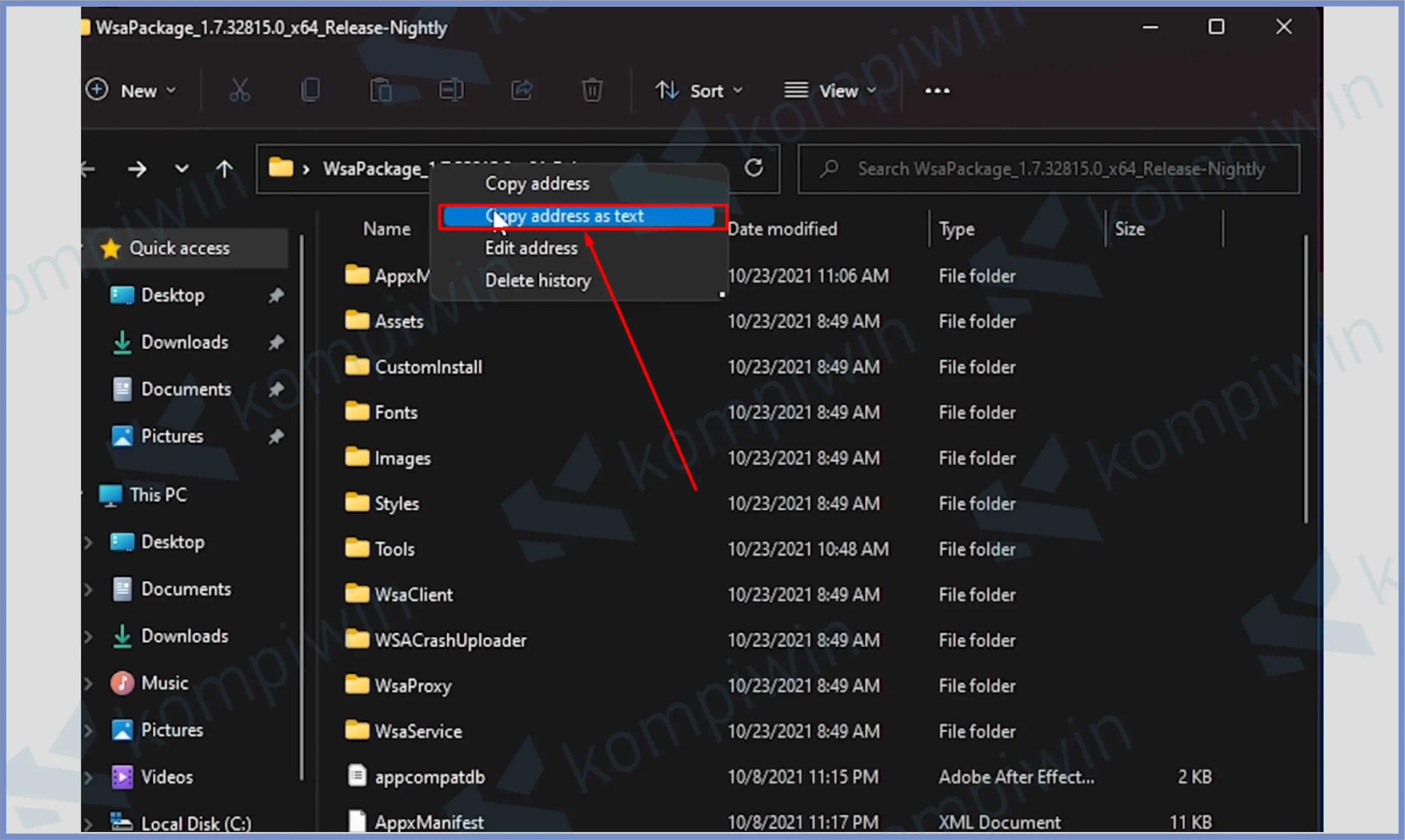 8 Klik Kanan Folder Dan Copy Address - Cara Install APK Android Di Windows 11 Tanpa Emulator