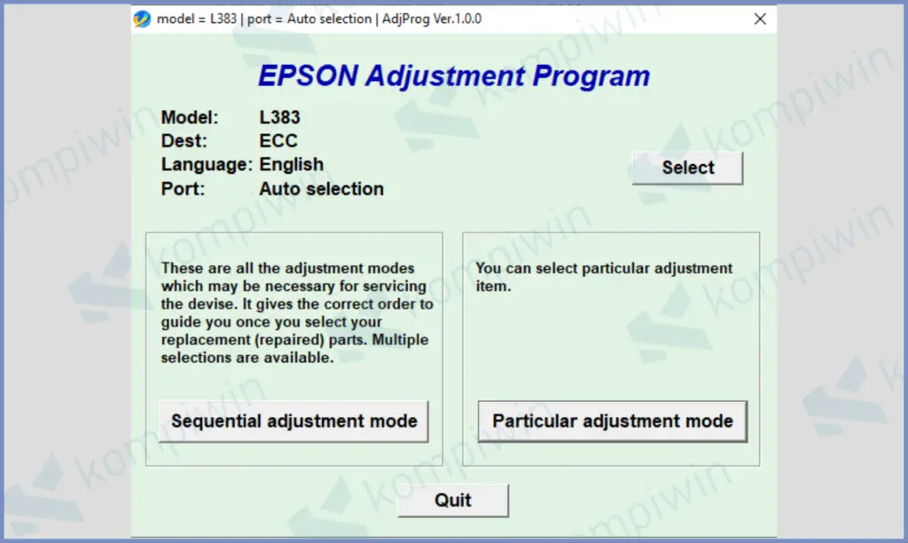 Tampilan Aplikasi Epson Adjustment
