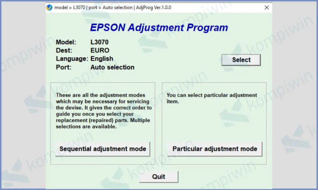Tampilan Aplikasi Epson Ajdustment Program