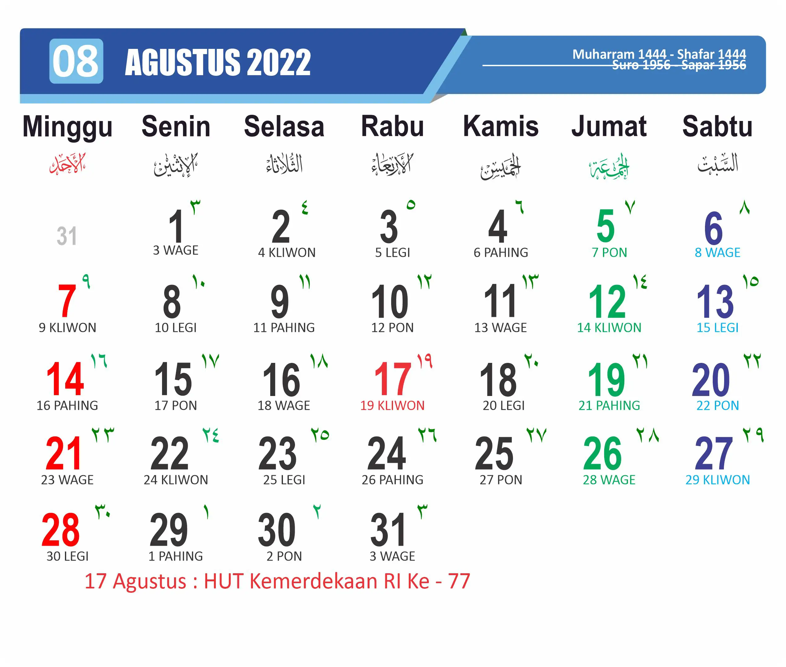 Kalender Jawa Bulan Agustus Tahun 2022