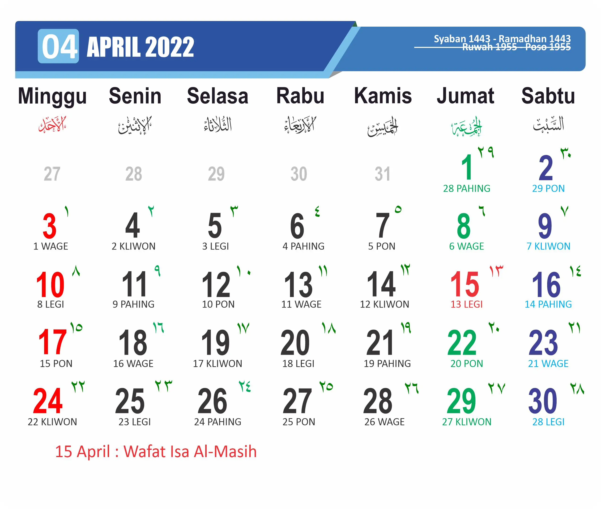 Kalender Jawa Bulan April Tahun 2022