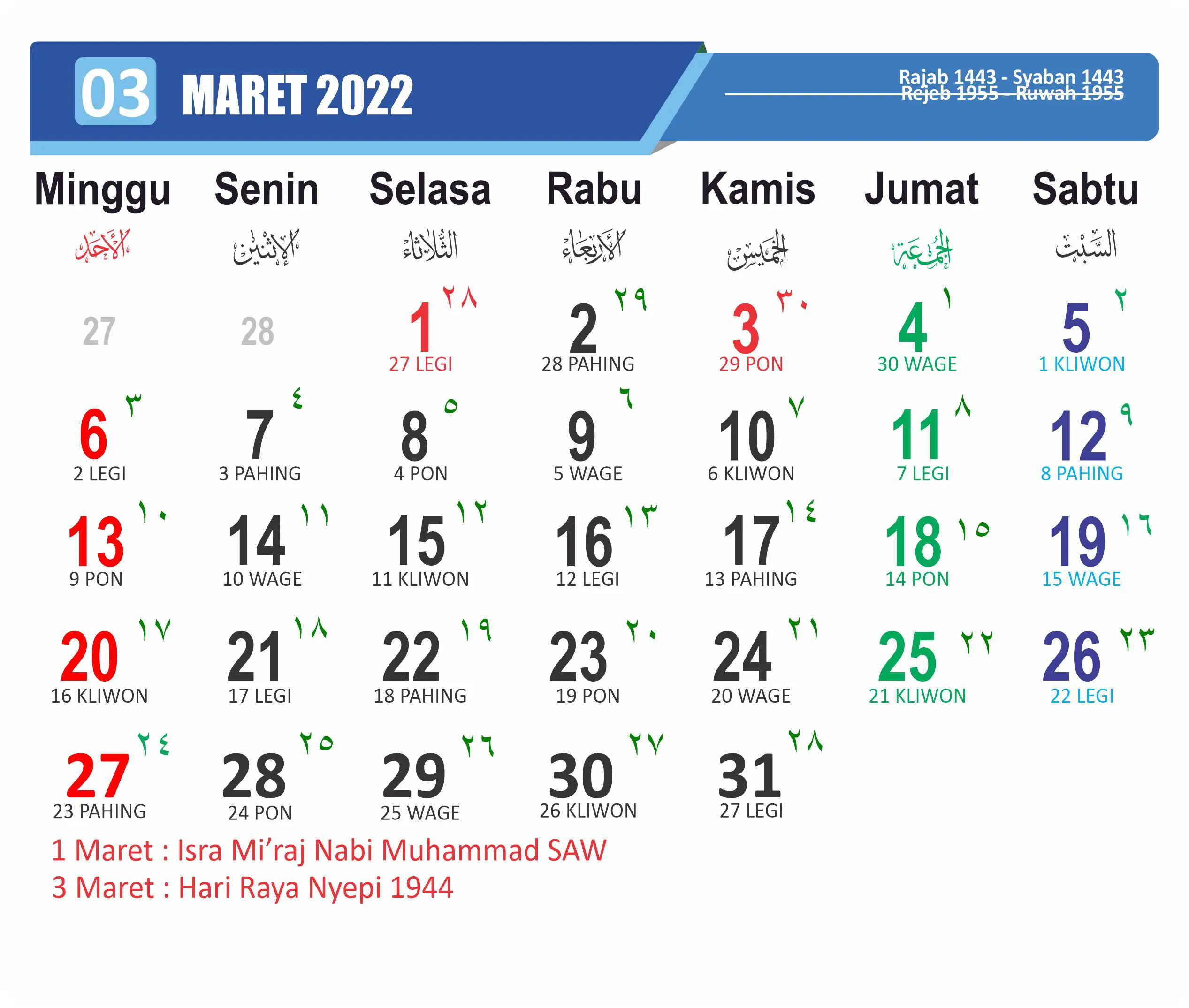 Kalender Jawa Bulan Maret Tahun 2022