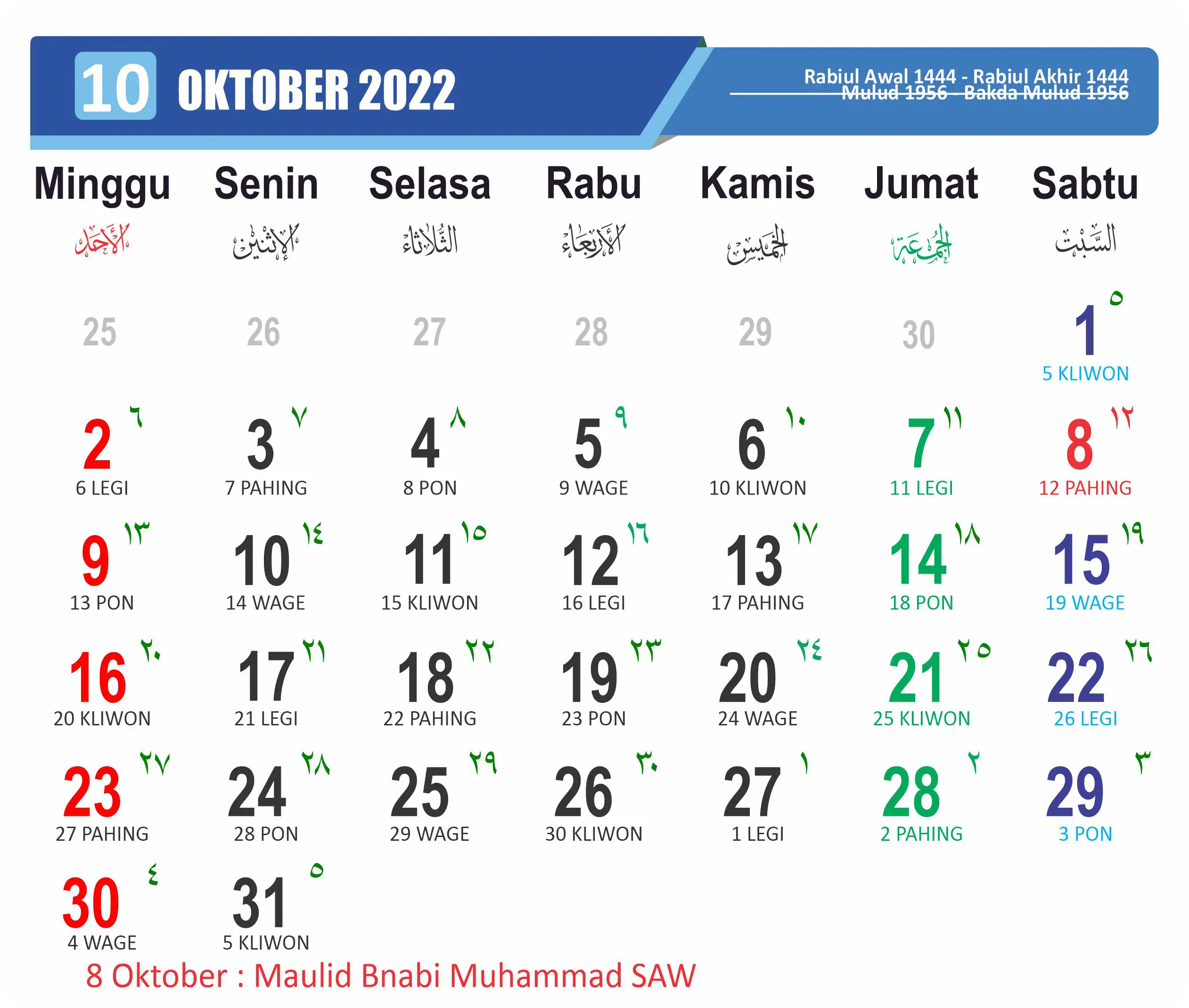 Kalender Jawa Bulan Oktober Tahun 2022