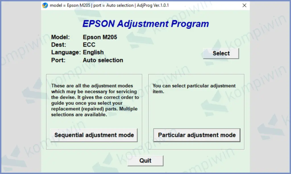 Tampilan Aplikasi Epson Adjustment Program