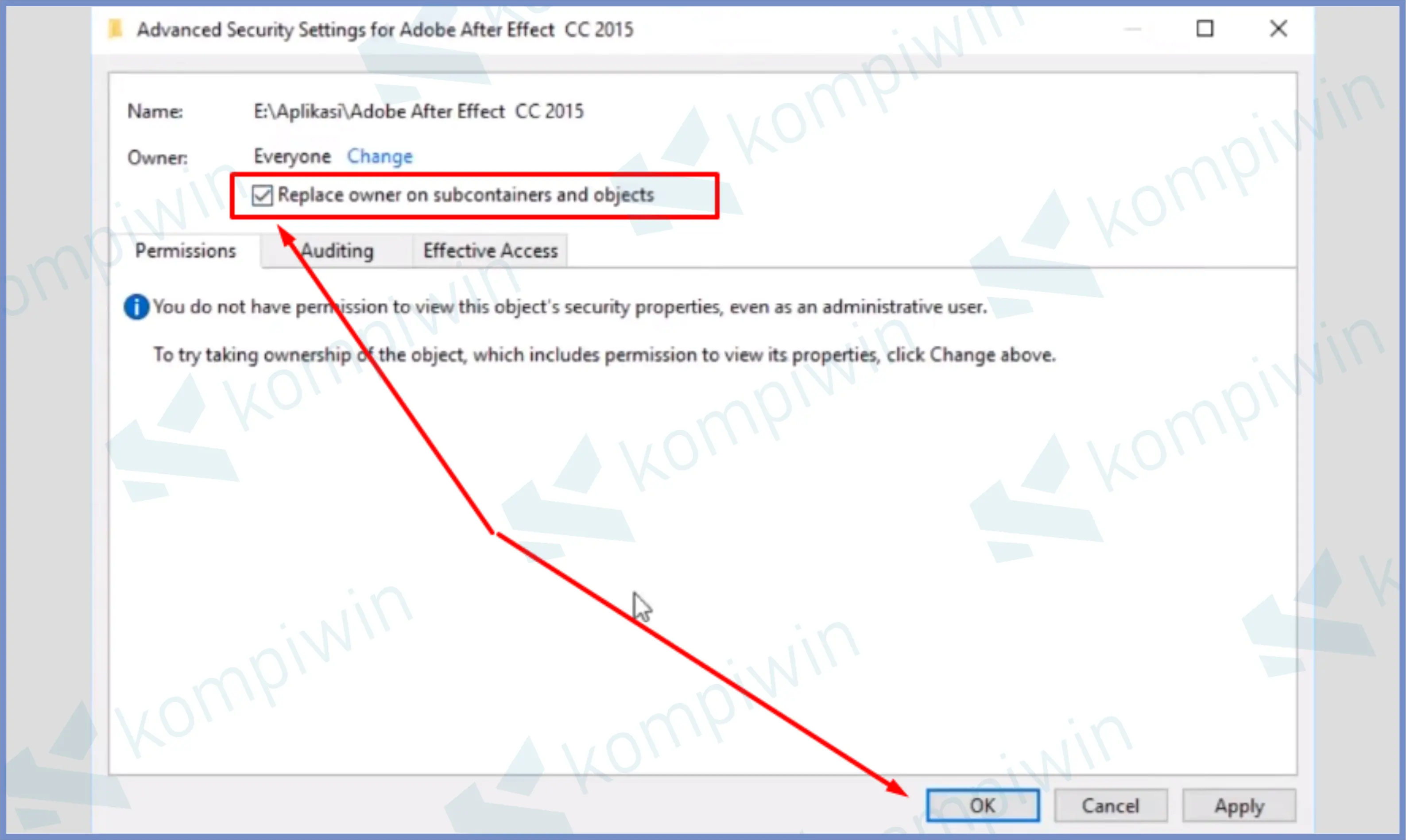 Centang Replace Owner - Cara Mengatasi Error You Don't Currently Have Permission To Access This Folder