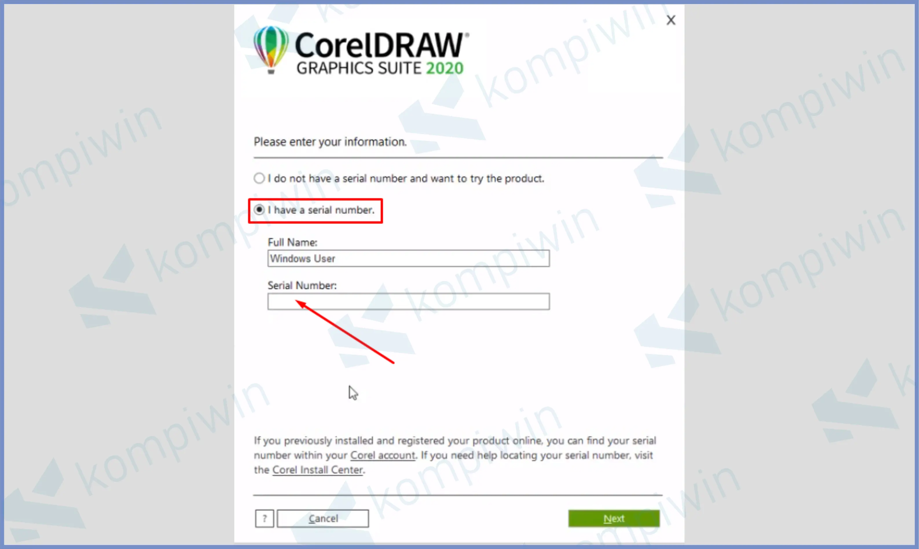 Centang Serial Number Dan Masukkan - Cara Install CorelDraw 2020