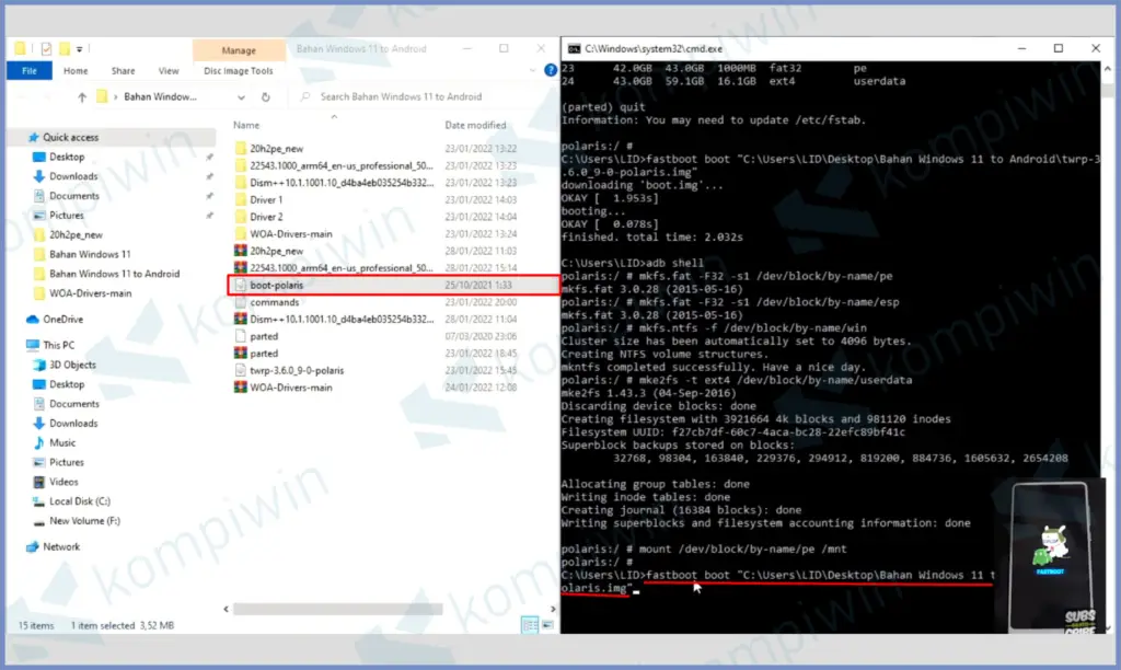 1 Ketikkan Fastboot boot drag Polaris - Cara Install Windows 11 di HP Android