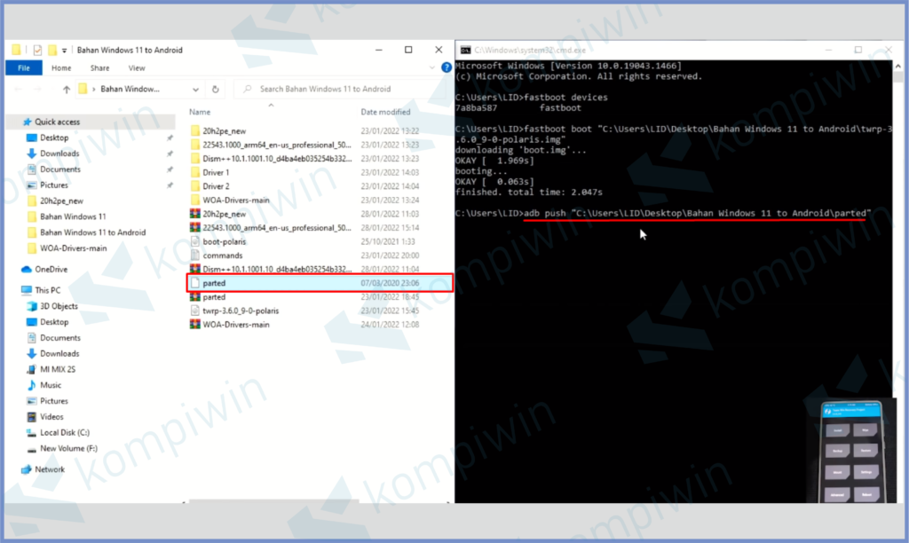 5 Ketkkan Adb push Dan Drag Parted - Cara Install Windows 11 di HP Android