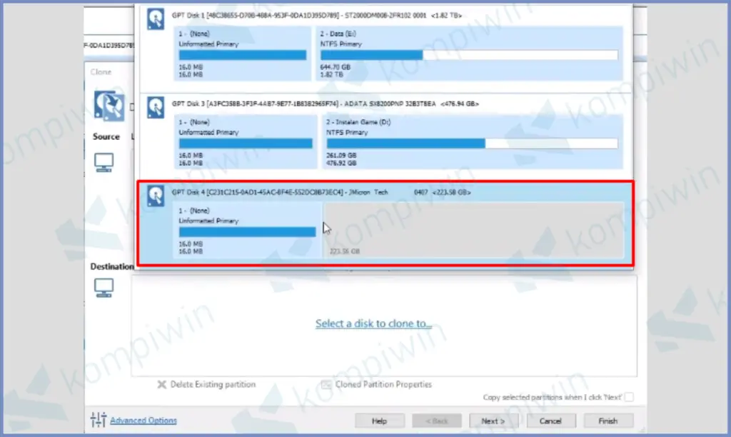 5 Pilih Disk SSD Baru - Cara Migrasi OS dari HDD ke SSD Tanpa Harus Install Ulang