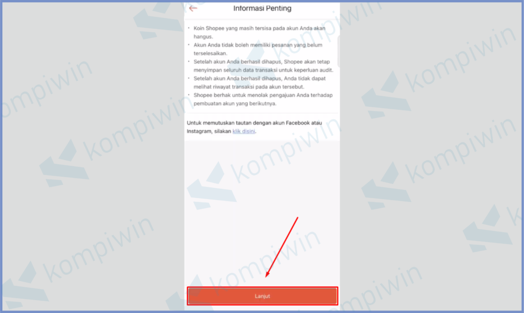 4 Ketuk Tombol Lanjut - Cara Hapus Permanen Akun Shopee