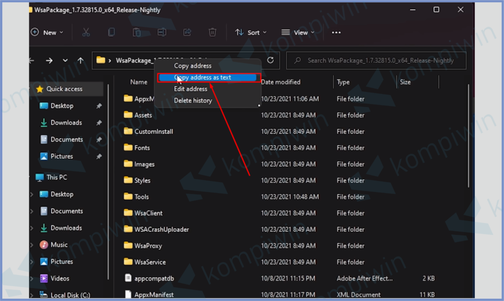 8 Klik Kanan Folder Dan Copy Address - Cara Install Google Play Store Di Windows 11