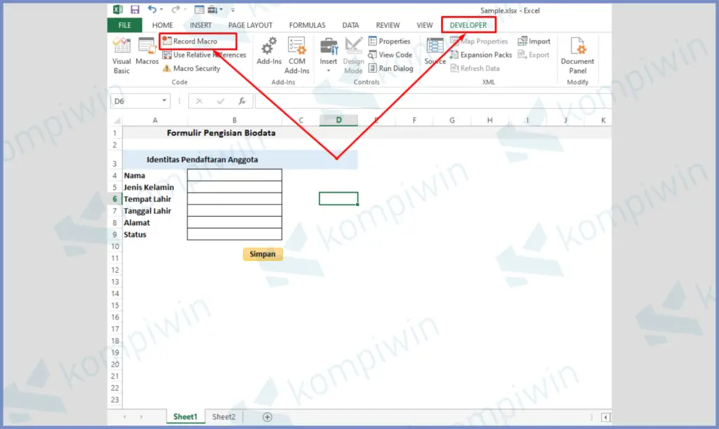 2 Klik Developer Record Macro - Cara Membuat Form Input Data di Excel