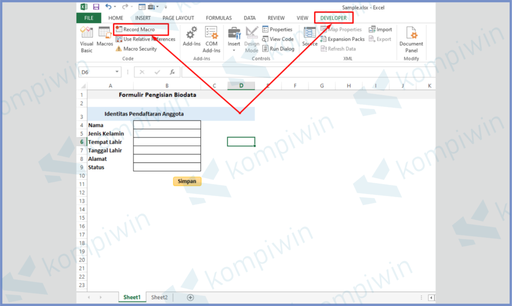 2 Klik Developer Record Macro - Cara Membuat Form Input Data di Excel