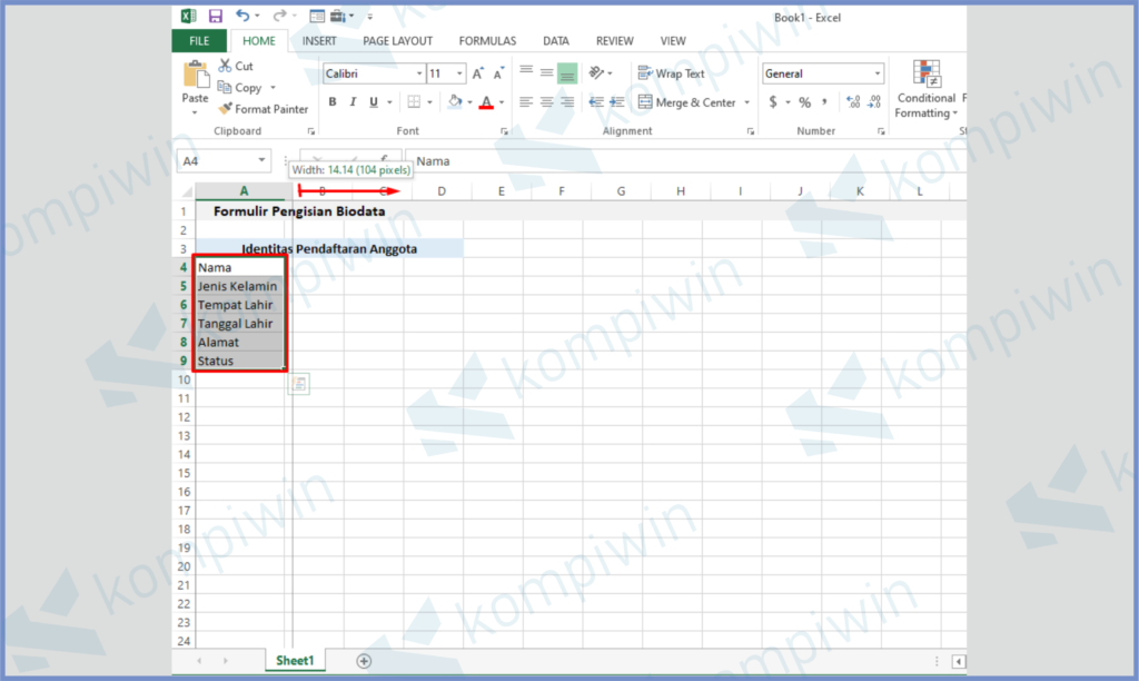 4 Blok Dan Lebarkan - Cara Membuat Form Input Data di Excel