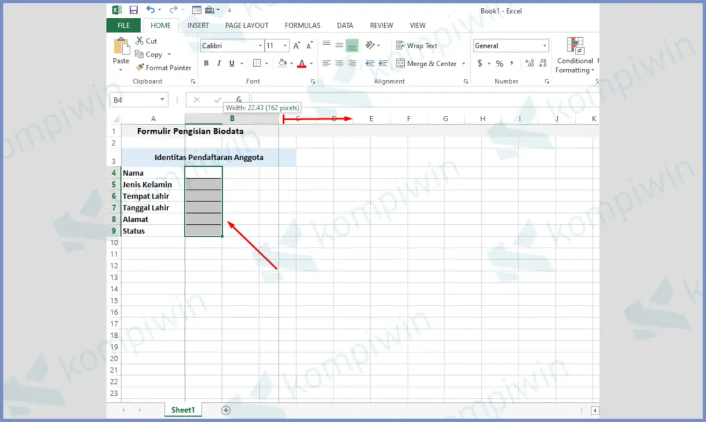 7 Blok Dan Lebarkan - Cara Membuat Form Input Data di Excel